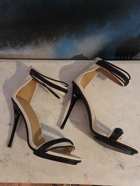 L.A.M.B. Black and Cream Ankle-Strap Stiletto Sandals